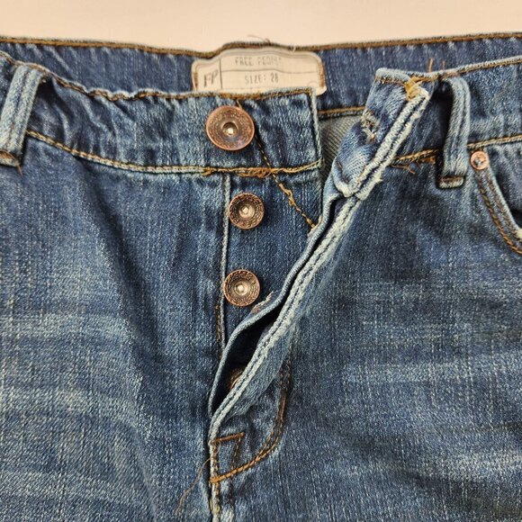 Free People Distressed Slim Straight Jeans 28 Blue Mid Rise Button Fly Denim - Picture 6 of 8